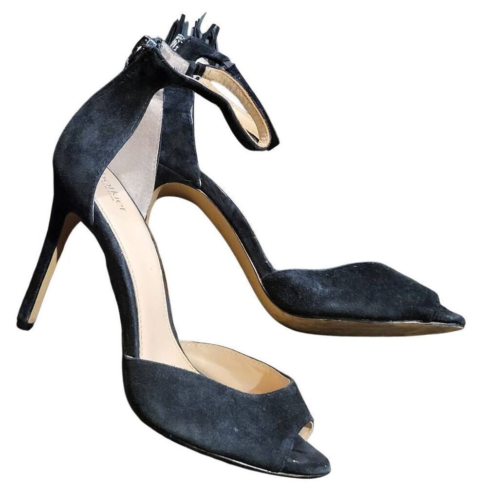 Botkier Heels Women's 7 Black Anna Tasseled Suede Leather Peep Toe Stiletto